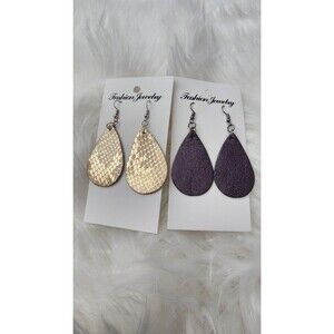 Two Pair Faux Leather Textured Earrings Tear Drop